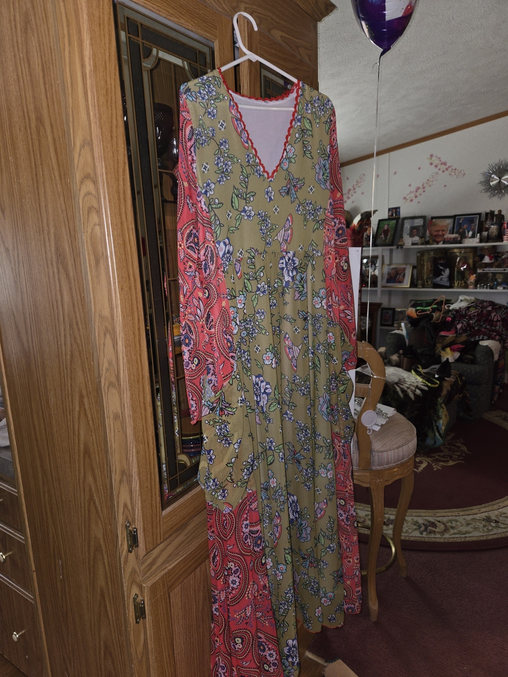 Women's Bohemian Floral Maxi Dress in Olive and Coral